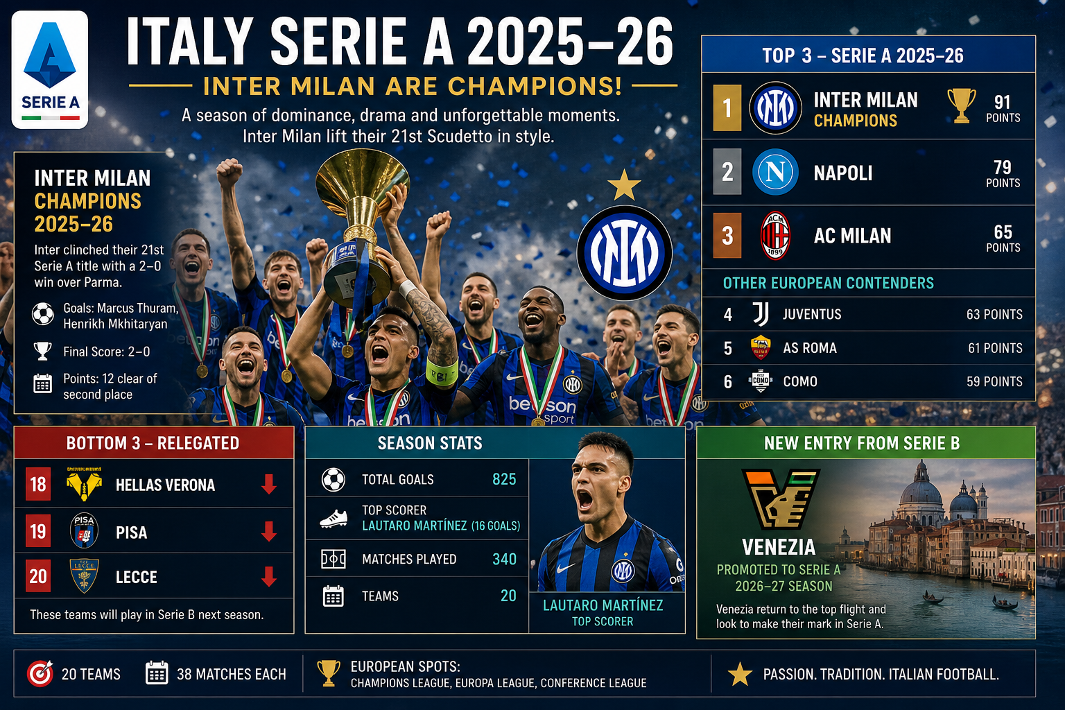 Slotakkoord Serie A: Como en AS Roma vieren Champions League-ticket, topclubs vallen hard van hun voetstuk